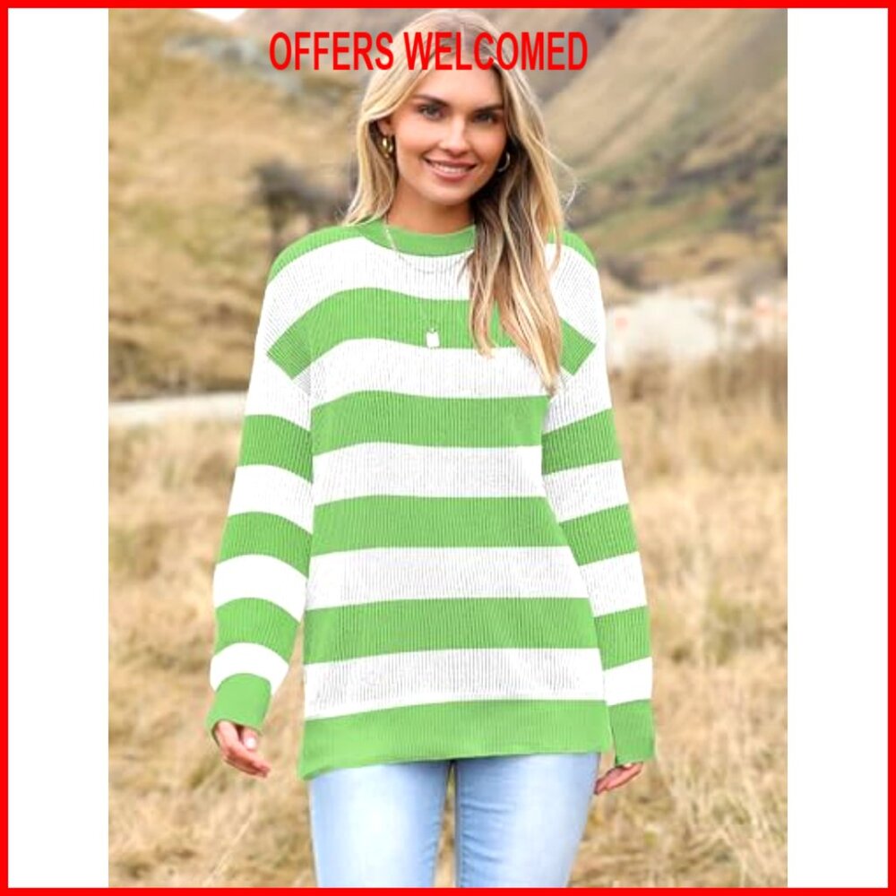 Lightweight Oversized Sweater Crew Neck Long Sleeve Pullover Rib Knit Blouse - Picture 2 of 7